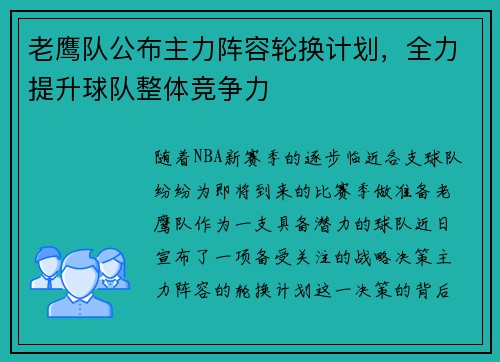 老鹰队公布主力阵容轮换计划，全力提升球队整体竞争力